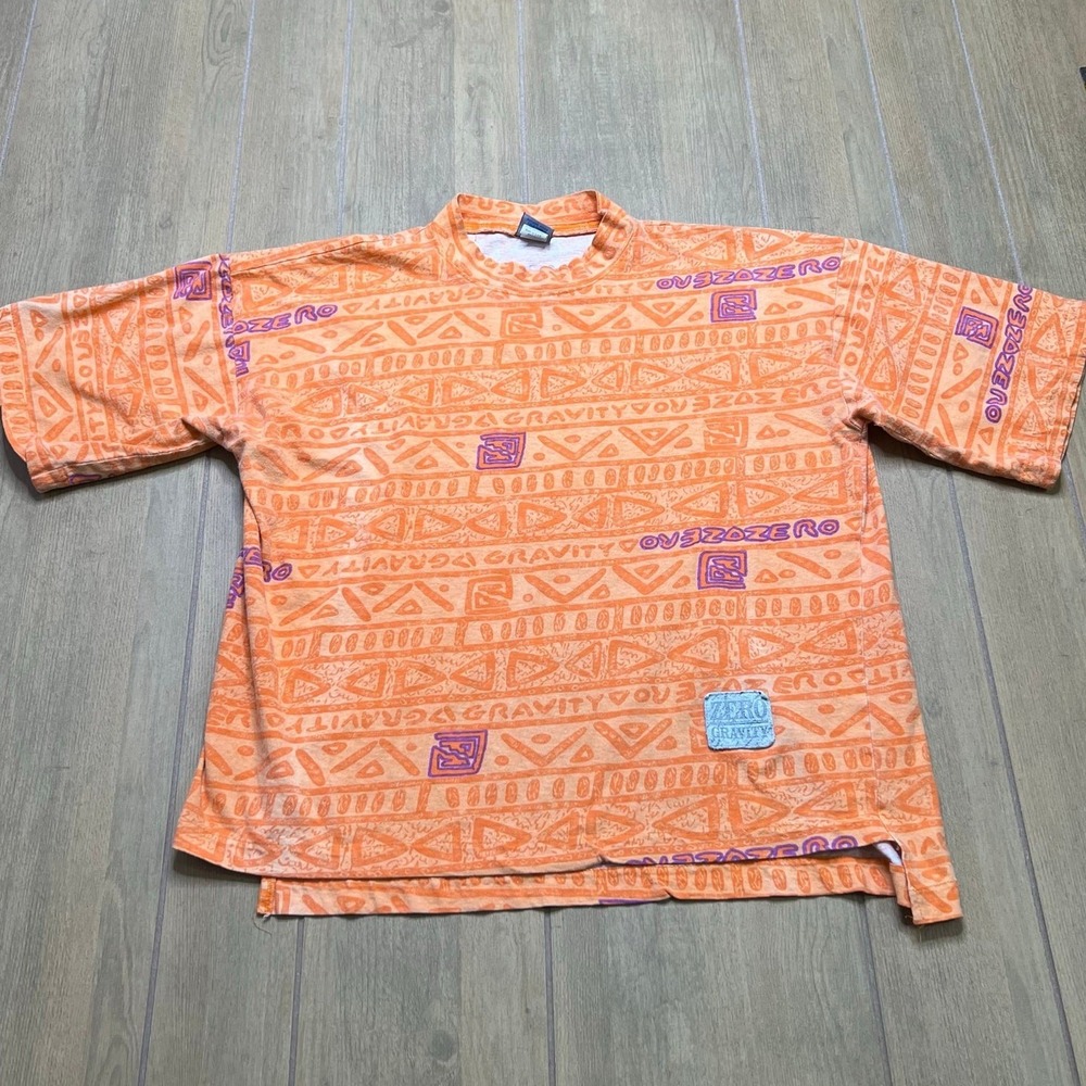 Zero Gravity T-Shirt Mens L Orange Vintage 90s Boxy Fit Retro Tribal Print